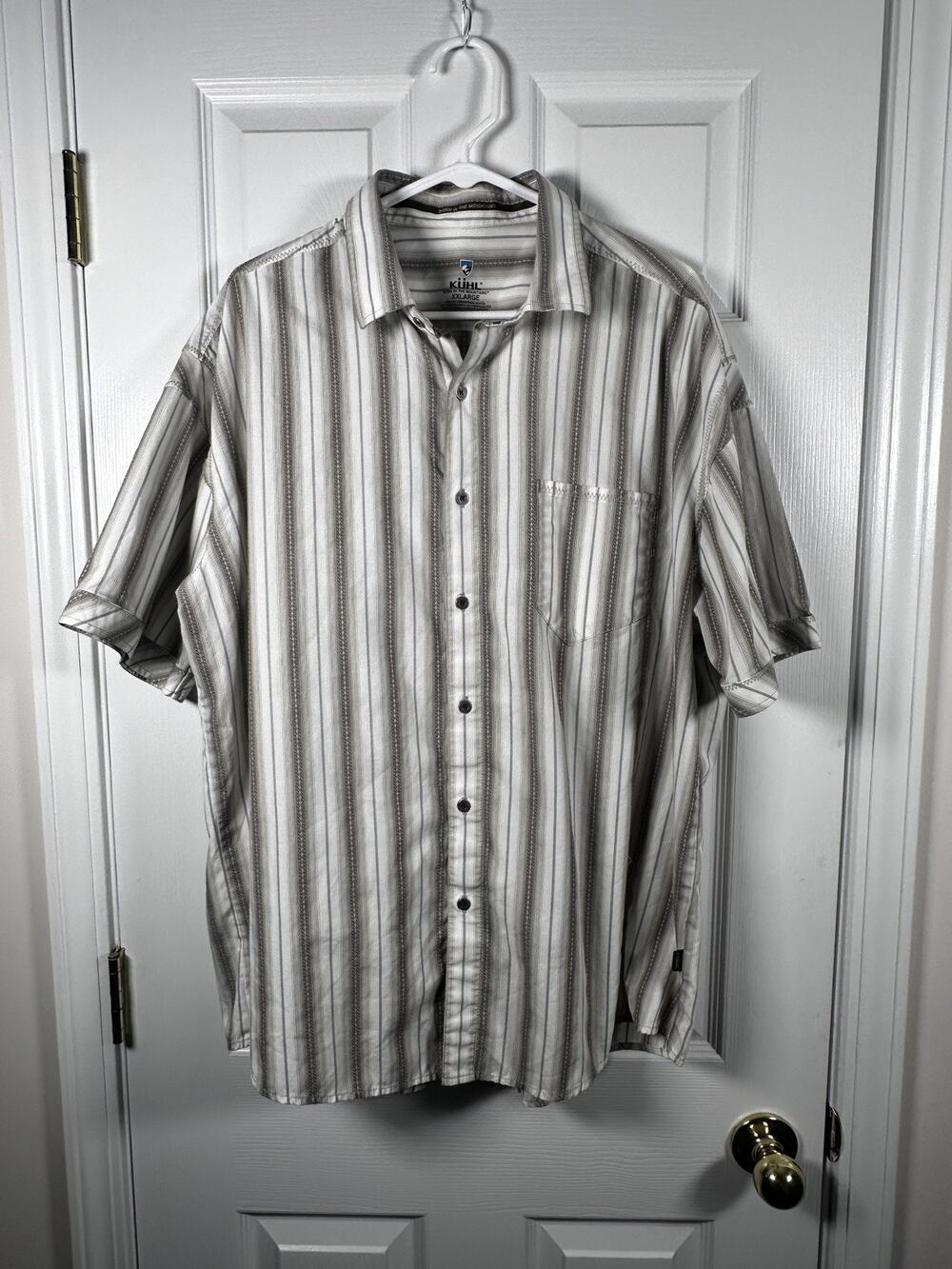 Kuhl Mens Shirt 2XL XXL Gray Striped Short Sleeve Button Up Pocket Outdoor EUC